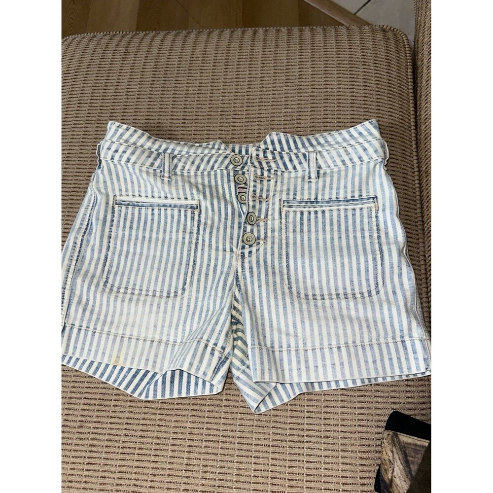 Pilcro Blue and White Striped High-Waist Button-Front Shorts